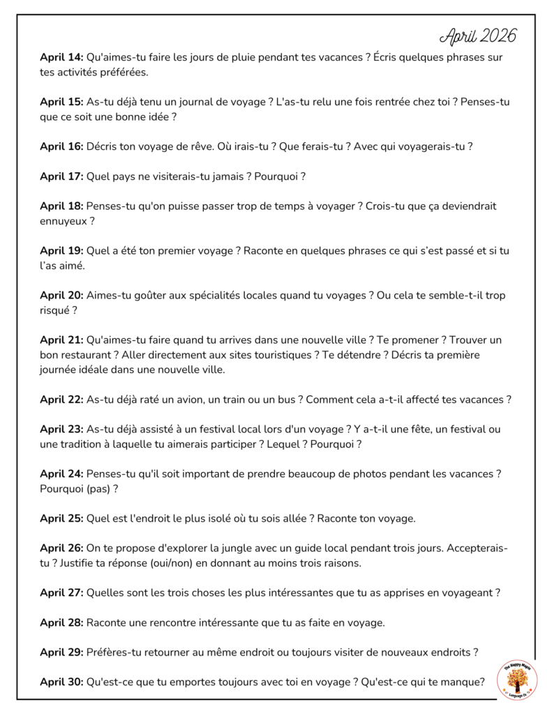 ree French Resources Daily Journal Writing Prompts PDF Download April 2026