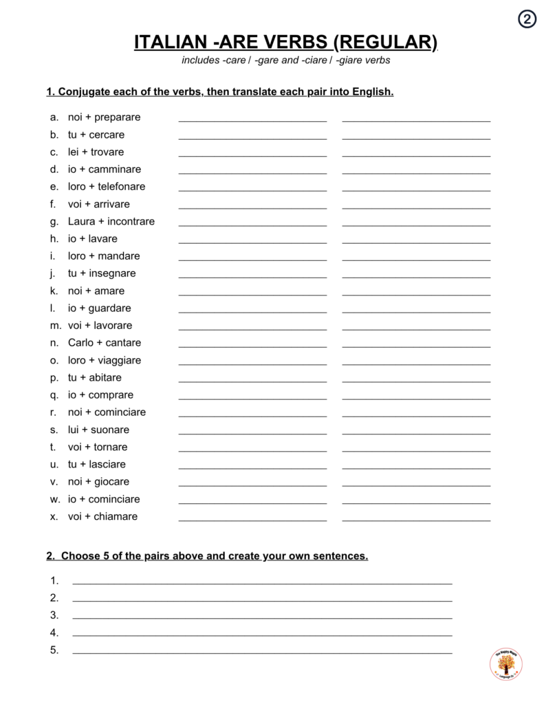 Free Italian Verb Conjugation Worksheets Present Tense -ARE Verbs PDF Download