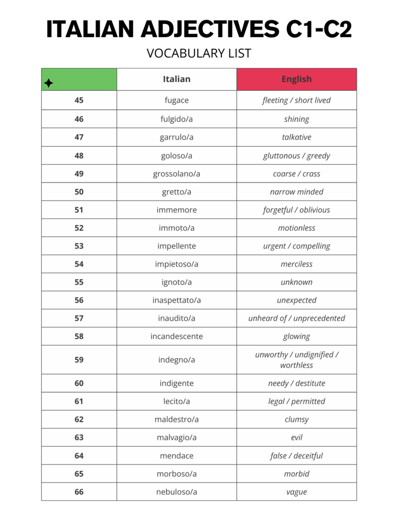 Printable Italian Adjectives Vocabulary List C1 - C2 Words Free PDF Download