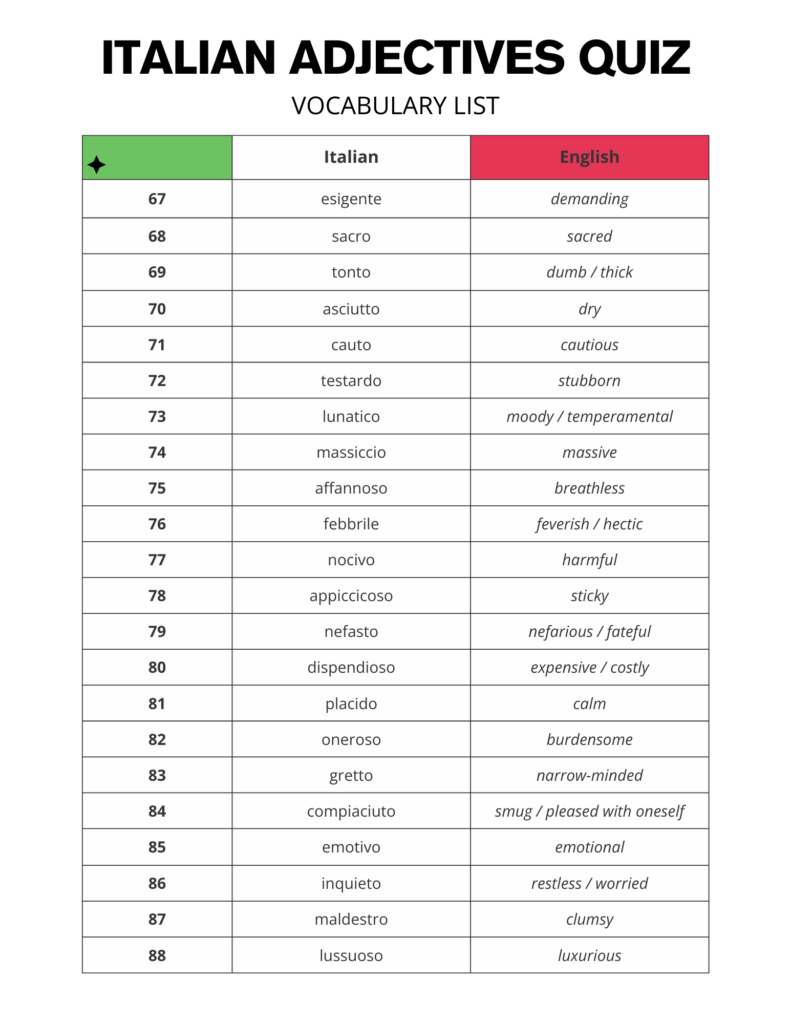 Italian Adjectives Free Printable PDF Vocabulary List
