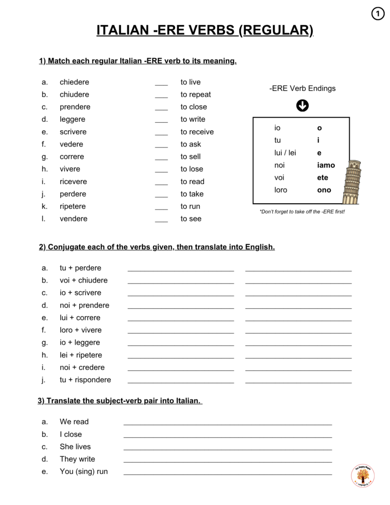 Free Italian ERE Verbs Conjugation Worksheet with Answer Key - PDF Download