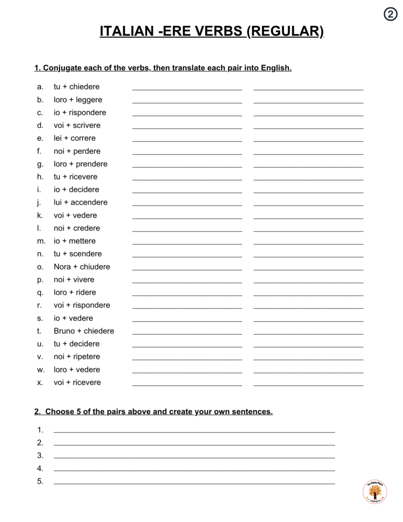 Free Italian ERE Verbs Conjugation Worksheet with Answer Key - PDF Download