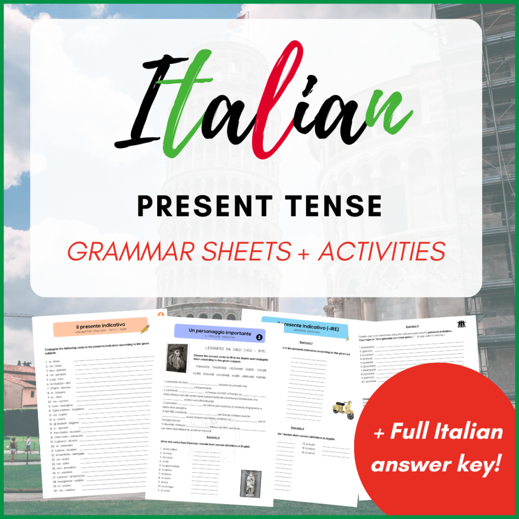 Italian ARE Verbs Conjugation and Grammar Worksheets