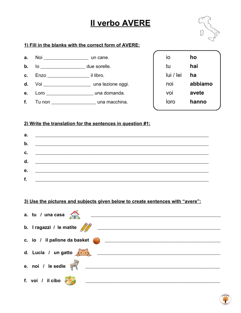 Avere conjugation verb worksheet in Italian - Free PDF Download