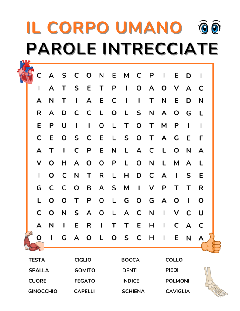 Italian Body Parts - Parti del Corpo Vocabulary List and Word Search Free PDF Download