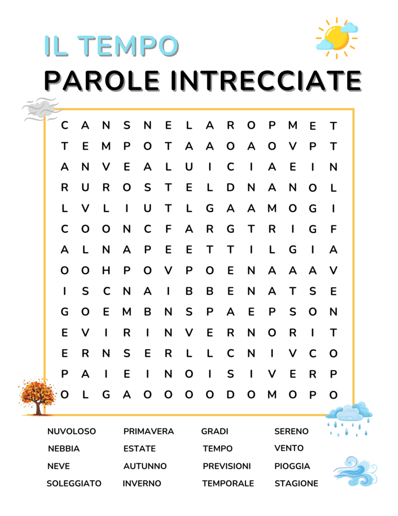 Italian Weather Vocabulary Word Search Free PDF Download