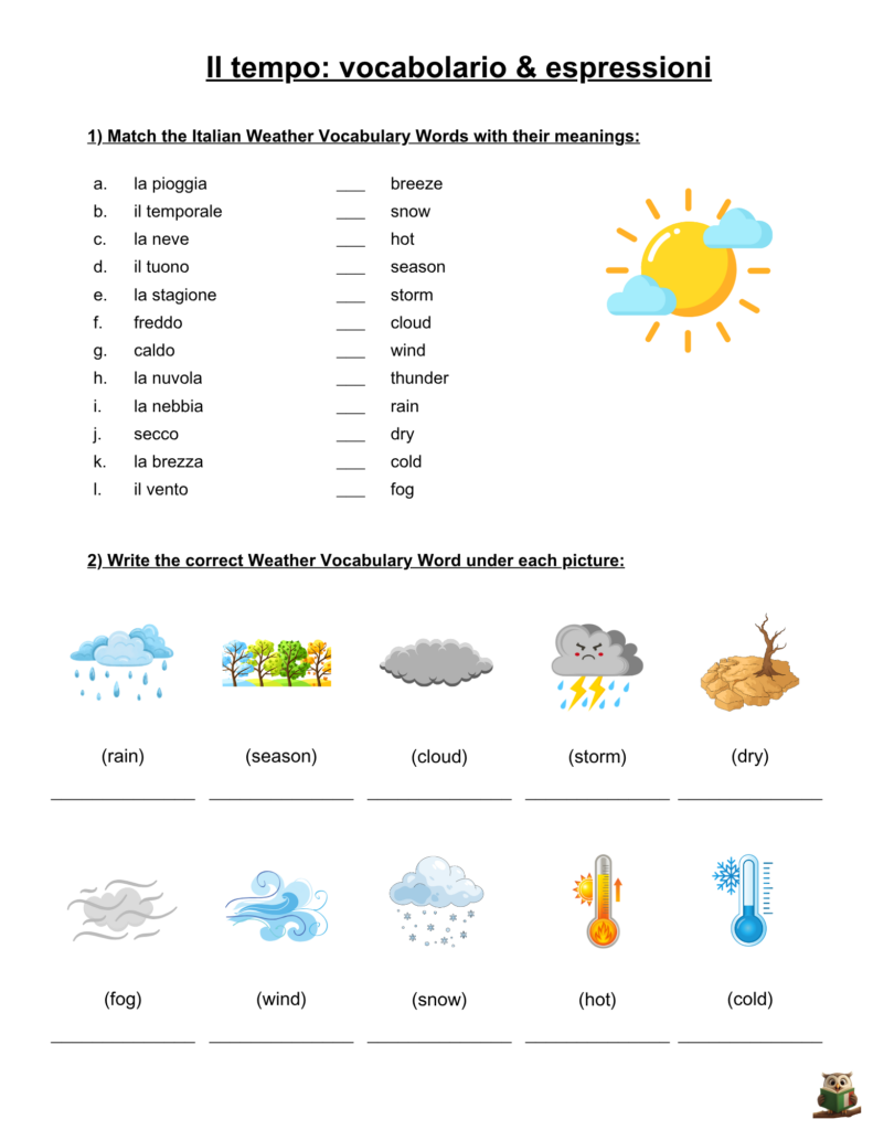 Learn Italian Weather Words Free Worksheets for Beginners
