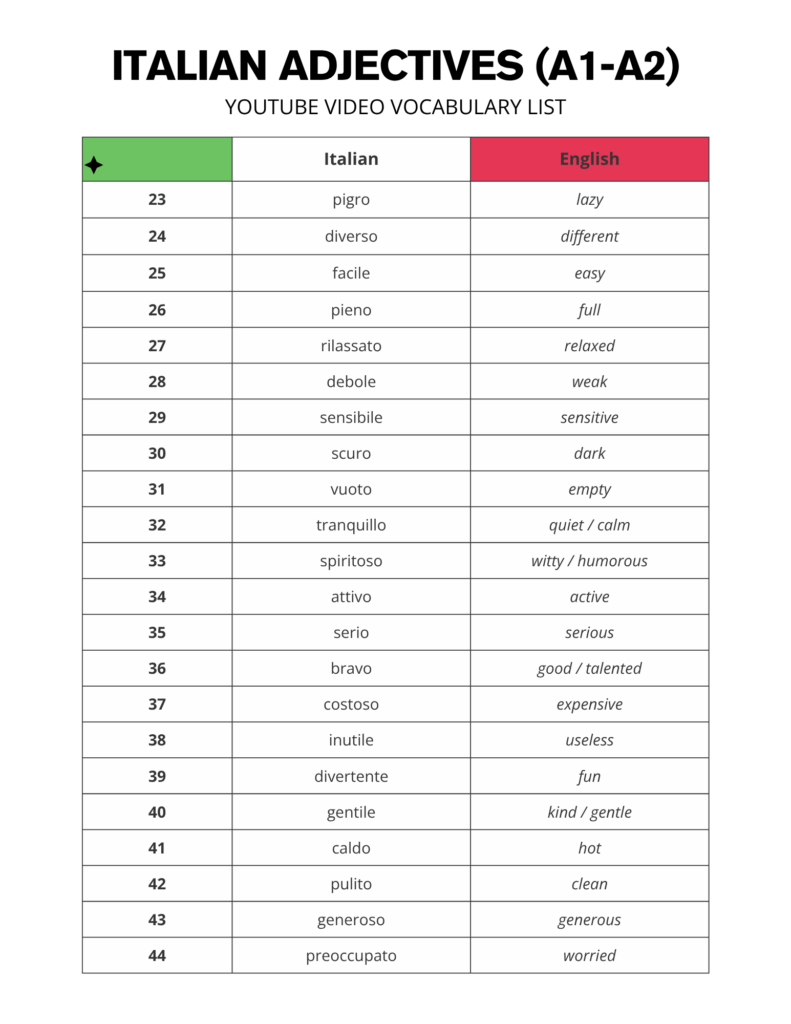 Beginner Italian Adjectives List A1 - A2 Level - Free Printable PDF