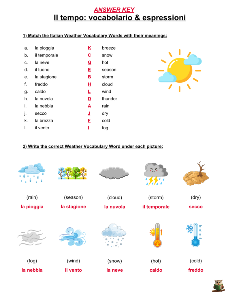 Learn Italian Weather Words Free Worksheets for Beginners