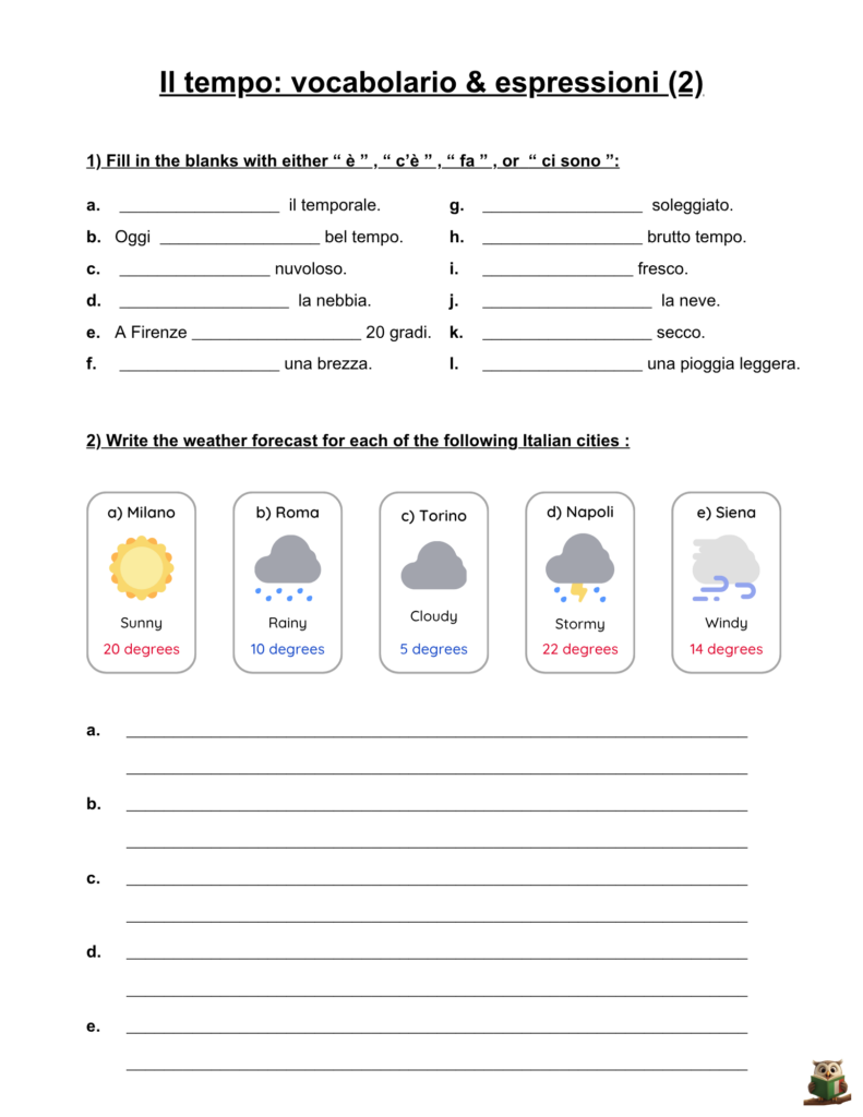 Italian Weather Expressions Worksheet Free Download for Beginners