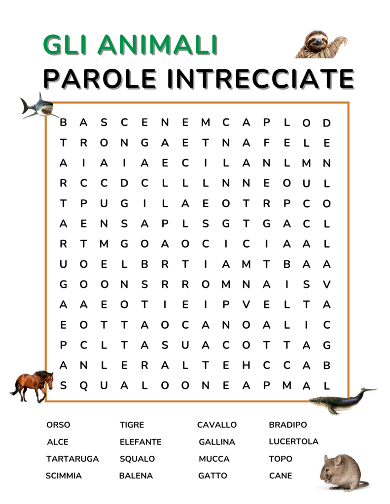 Italian Animal Names Vocabulary Word Search Free PDF Download