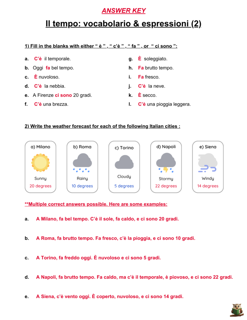 Italian Weather Expressions Worksheet Free Download for Beginners
